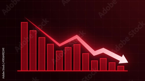 Glowing red bar chart and downward arrow illustrating business decline, financial loss and economic downturn. Concept of recession, falling profits, market crash and negative growth performance 