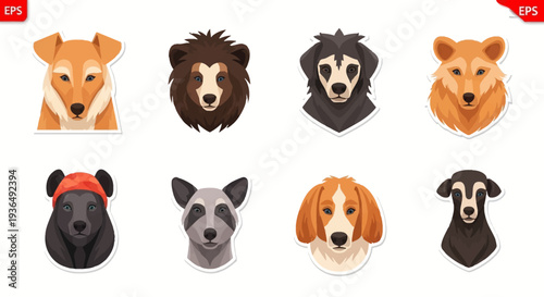 Collection of stylized animal portraits dogs bears raccoon and more on white
