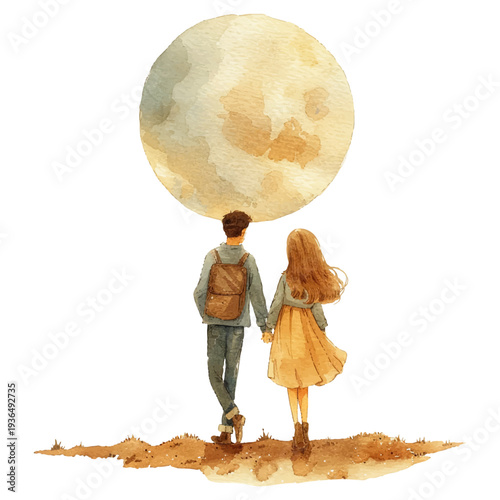 couple moonlit walk hand drawn vector illustration