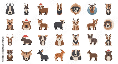 Set of various cartoon animal portraits dogs deer bears and rabbits