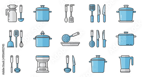 Collection of kitchen utensils and cookware icons in blue and gray.