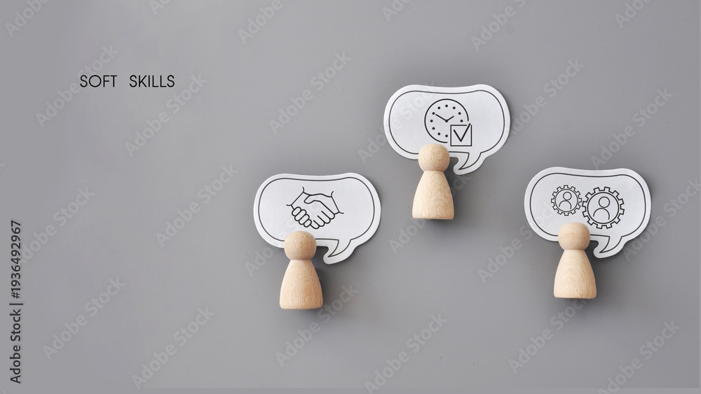 Fototapeta premium Soft Skills Communication And Teamwork Concept With Wooden Figures