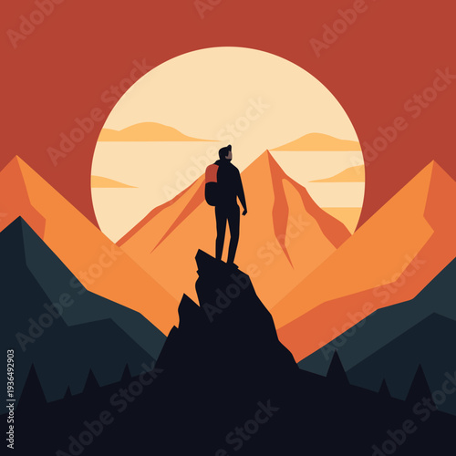 Minimalist Hiker Silhouette on Mountain Peak at Sunset Vector Illustration