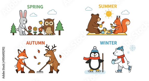 Illustrated seasonal scenes spring rabbit summer bear autumn fox winter penguin
