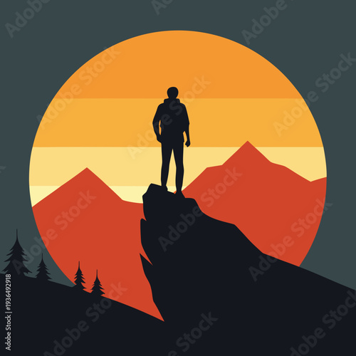 Minimalist Hiker Silhouette on Mountain Peak at Sunset Vector Illustration