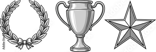 Laurel wreath symbol of victory, trophy cup award recognition, five-pointed star excellence achievement, competition success, celebration honor, commendation icon