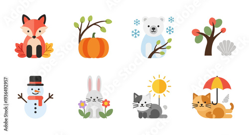 Set of cartoonish illustrations depicting animals nature and seasonal elements