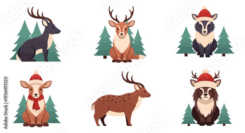 Festive holiday wildlife deer and badgers in winter attire with evergreen trees