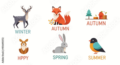 Seasonal wildlife illustrations deer fox rabbit bird and autumn elements