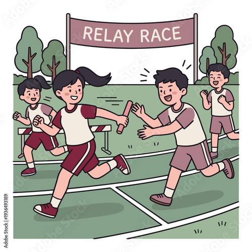 Children participating in a relay race on a track handing baton