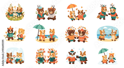 Charming cartoon bears in various seasonal scenes friends and family