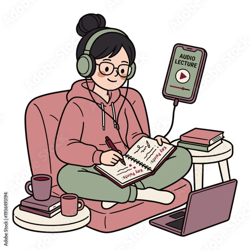A woman sits on a chair studying with headphones, writing, and listening to an audio lecture on her phone.