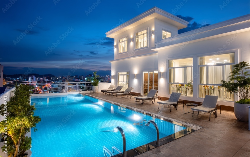 Fototapeta premium Luxurious Rooftop Hotel with Infinity Pool at Night Overlooking Cityscape