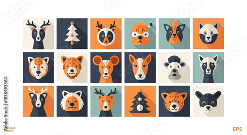 Set of animal icons deer bear fox and others in square flat design
