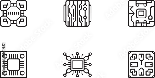 Computer chip icons set including processor circuit board microchip and hardware components for technology design projects representing electronics development and digital infrastructure