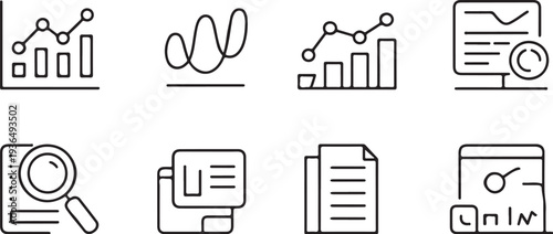 Business data analytics icons showcasing financial charts bar graphs magnifying glass search and document reports for professional market research and corporate growth strategy planning