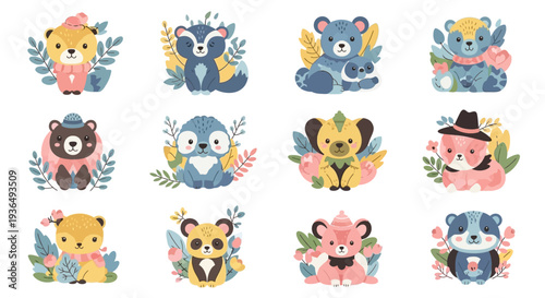 Charming vector illustrations of cute cartoon animals with floral embellishments