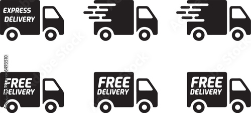 Delivery truck vector icon set featuring express and free shipping options with movement lines and sleek black silhouette design for logistics transportation courier and commerce service