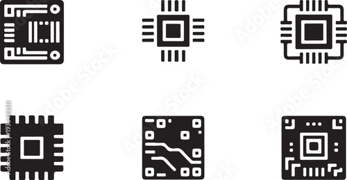 Electronic microchip and motherboard circuit board vector icons representing semiconductor technology hardware components processors and digital computing systems for industrial engineering