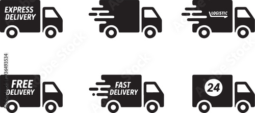Collection of six black icons illustrating different types of delivery services including express fast logistic and 24 hour options for transportation and logistics industry
