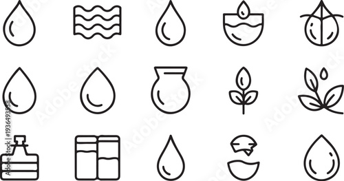 Collection of line art icons related to water and nature representing drops waves plant growth and essential resources on transparent background vector