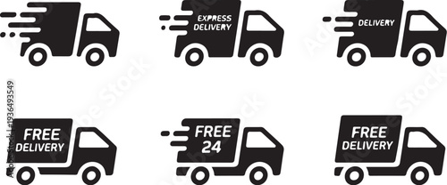 Delivery truck icon collection featuring express shipping and free delivery service symbols for commercial logistics and transport industry solutions representing fast package distribution