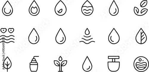 Water drop icons collection featuring liquid splashes organic leaves and ocean waves for environmental conservation and sustainability concepts focusing on purity and natural resources