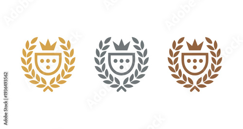 Three colored crests with crowns and laurel wreaths on a white background