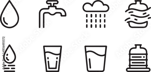 Set of water vector line icons including a single droplet, a dripping tap, a cloud with rain, a wavy water bottle, a dripping drop, and glasses