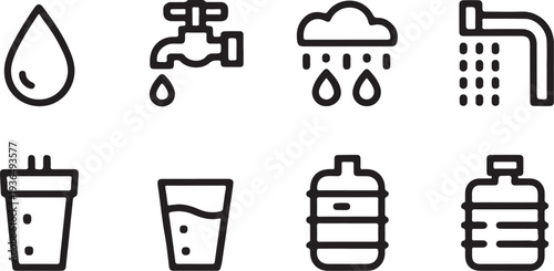 Set of water vector line icons including a single droplet, a dripping tap, a cloud with raindrops, a shower, a filter, a glass, and water bottles