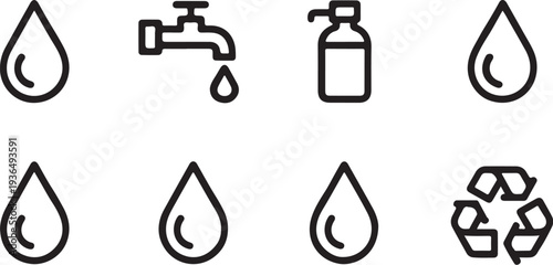 Set of water vector line icons including a single droplet, a dripping tap, a pump dispenser, multiple droplets, and a recycling symbol for water reuse
