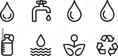 Water drop faucet recycling and plant icons symbolizing liquid purity hydration conservation and environmental growth for clean resource management and nature