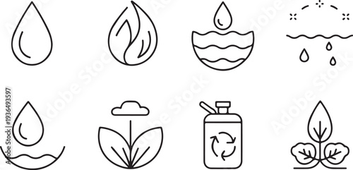 Water droplet and nature icons representing liquid purity hydration conservation and environmental growth with rainfall and recycling symbols for clean resource management