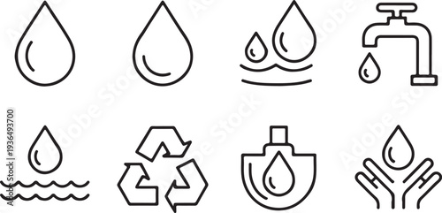 Ecological water preservation line icons showing droplets human hands recycling and plumbing fixtures for environmental stewardship awareness campaigns and sustainable resource management