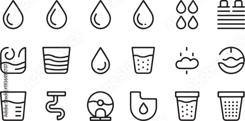 Collection of water line icons showing various forms of water elements like drops, glasses, waves, and filters, suitable for different design projects