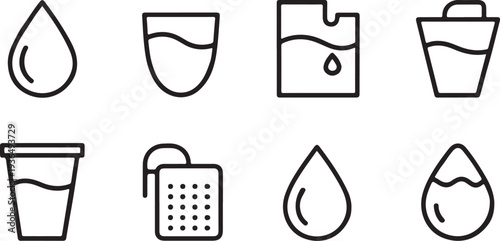 Set of water line icons featuring drops, glasses, and a shower, representing various water related concepts and uses, perfect for illustrating hydration