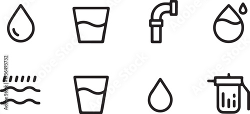 Collection of water line icons including drops, glasses, faucet, and waves, depicting various aspects of water usage and natural elements, clean design
