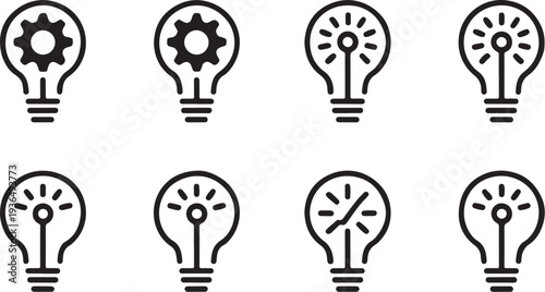 Minimalist light bulb icons featuring gear and radial sunburst elements representing industrial brainstorming mechanical innovation energy production and technical solution concept graphics