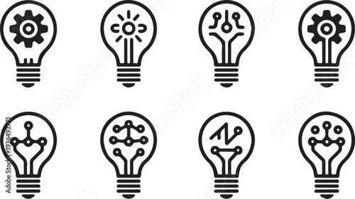 Tech light bulb vector set combining light bulbs with gears circuit boards and network nodes symbolizing artificial intelligence engineering digital logic and futuristic creative solutions