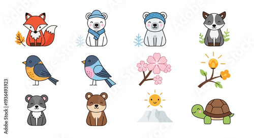 Collection of cute cartoon animals and nature elements with outlines