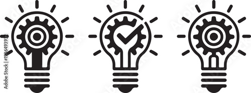 Set of lightbulb icons with gears and checkmark, representing innovation progress and successful ideas, creative concept elements, various styles and designs