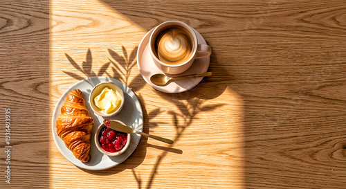 Coffee Cup and Breakfast Table with Morning Sunlight