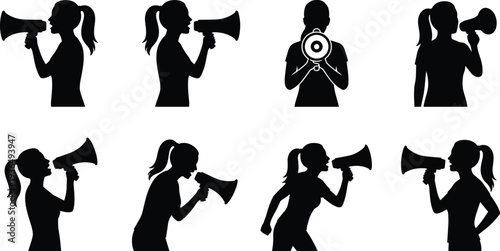 Silhouette woman with megaphone, protest communication, advocacy concept, announcement speaker, public voice, activism design, shouting pose, social movement illustration