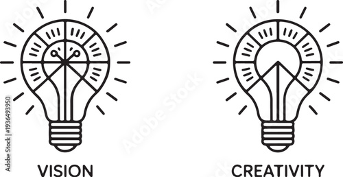 Vision and creativity lightbulb concept set illustrating innovation strategy with radiating rays representing bright thinking and strategic business development through mental clarity icons
