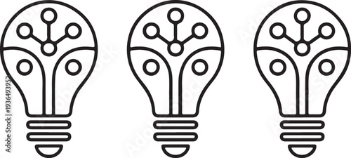 Abstract technology lightbulb icons showing internal node structures for innovative data networking and scientific research representing digital connectivity through smart energy solutions