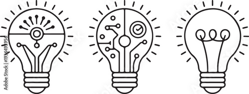 Minimalist creative lightbulb icons showcasing various concepts of innovation and problem-solving, ideal for web design, app interfaces, and presentations on new ideas