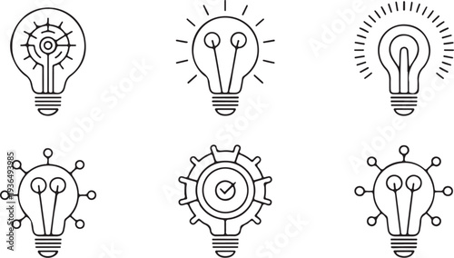Diverse collection of lightbulb icons in line art, representing various aspects of creative thought, electrical energy, and innovative solutions across multiple fields