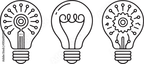 Set of unique lightbulb icons in black line art, symbolizing diverse forms of creativity, problem-solving, and the generation of new concepts and technological advancements