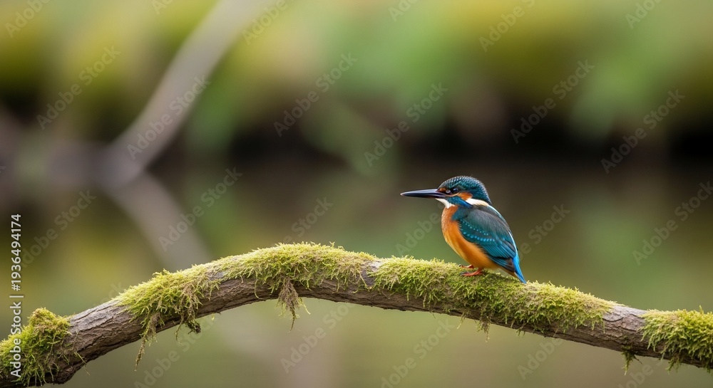 Obraz premium Vibrant Kingfisher Perched on Mossy Branch Overlooking Calm Water.