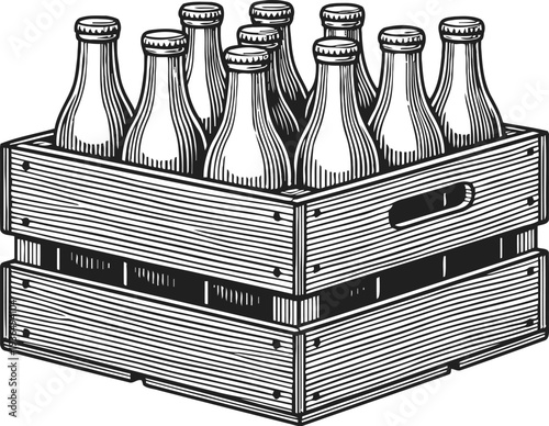 Wooden crate filled with glass bottles vintage illustration for beverage storage and transport